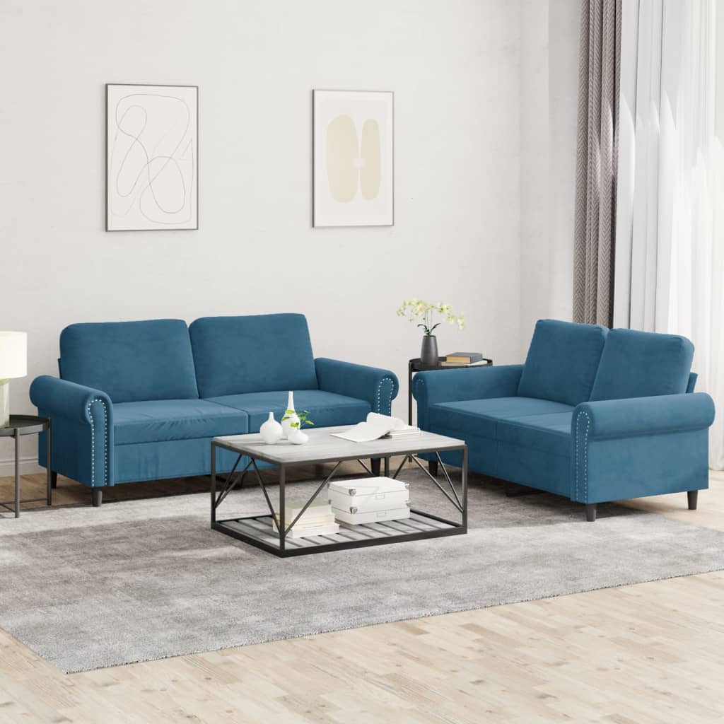 Set Di Divani 2 Pz Con Cuscini Blu In Velluto