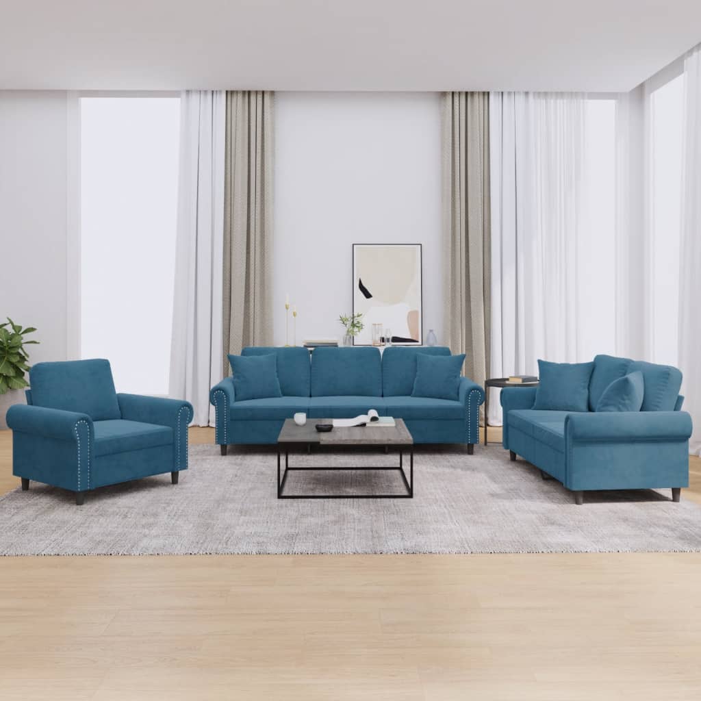 Set Di Divani 3 Pz Con Cuscini Blu In Velluto