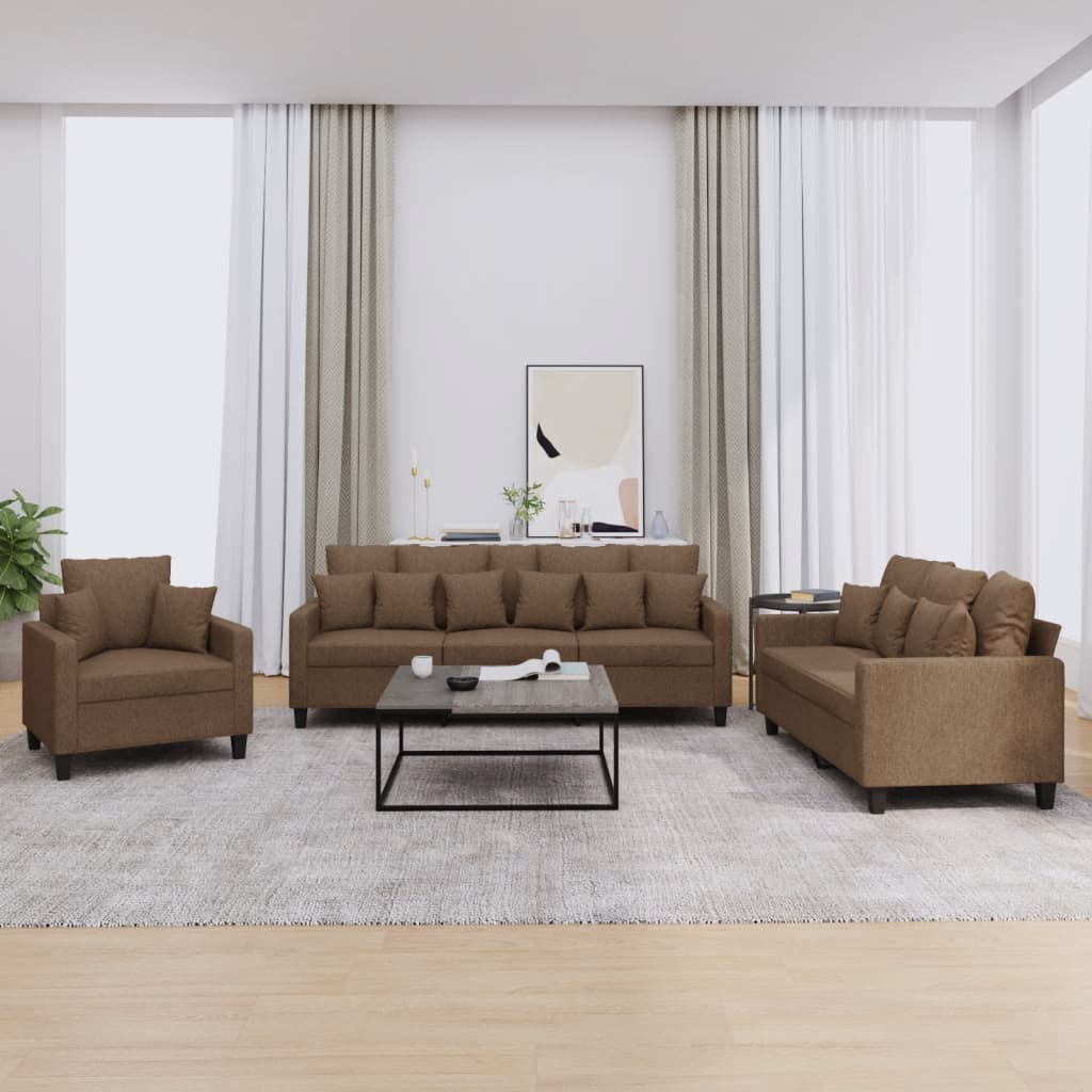 Set Di Divani 3 Pz Con Cuscini Marrone In Tessuto