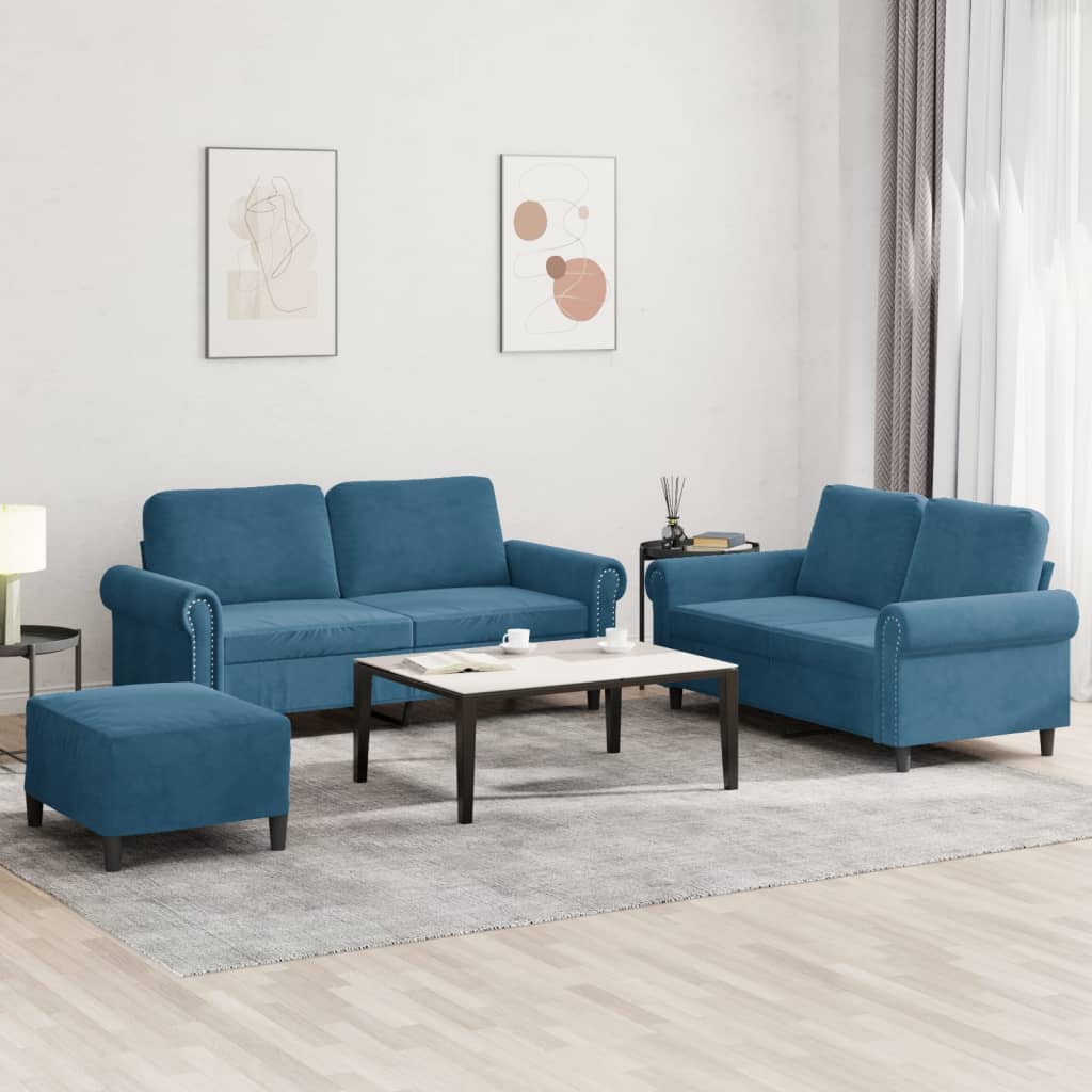 Set Di Divani 3 Pz Con Cuscini Blu In Velluto