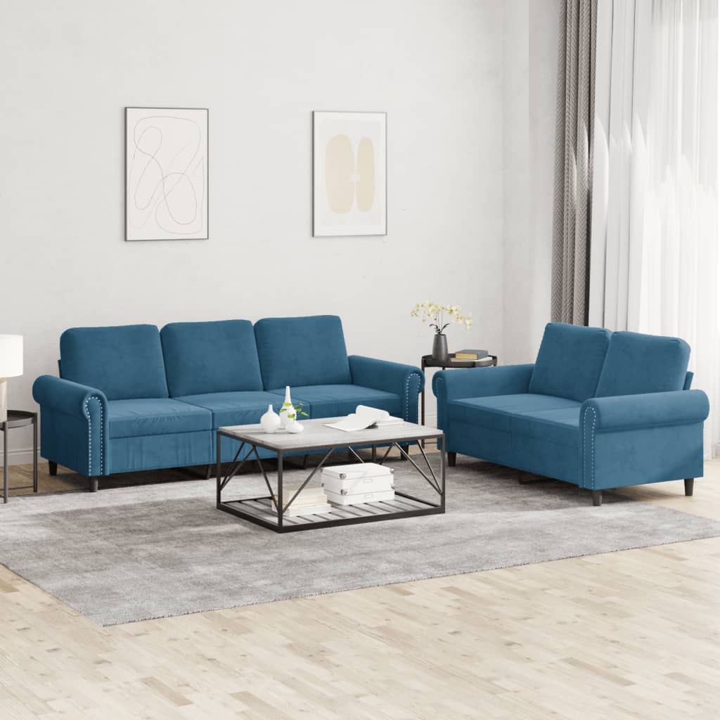 Set Di Divani 2 Pz Con Cuscini Blu In Velluto