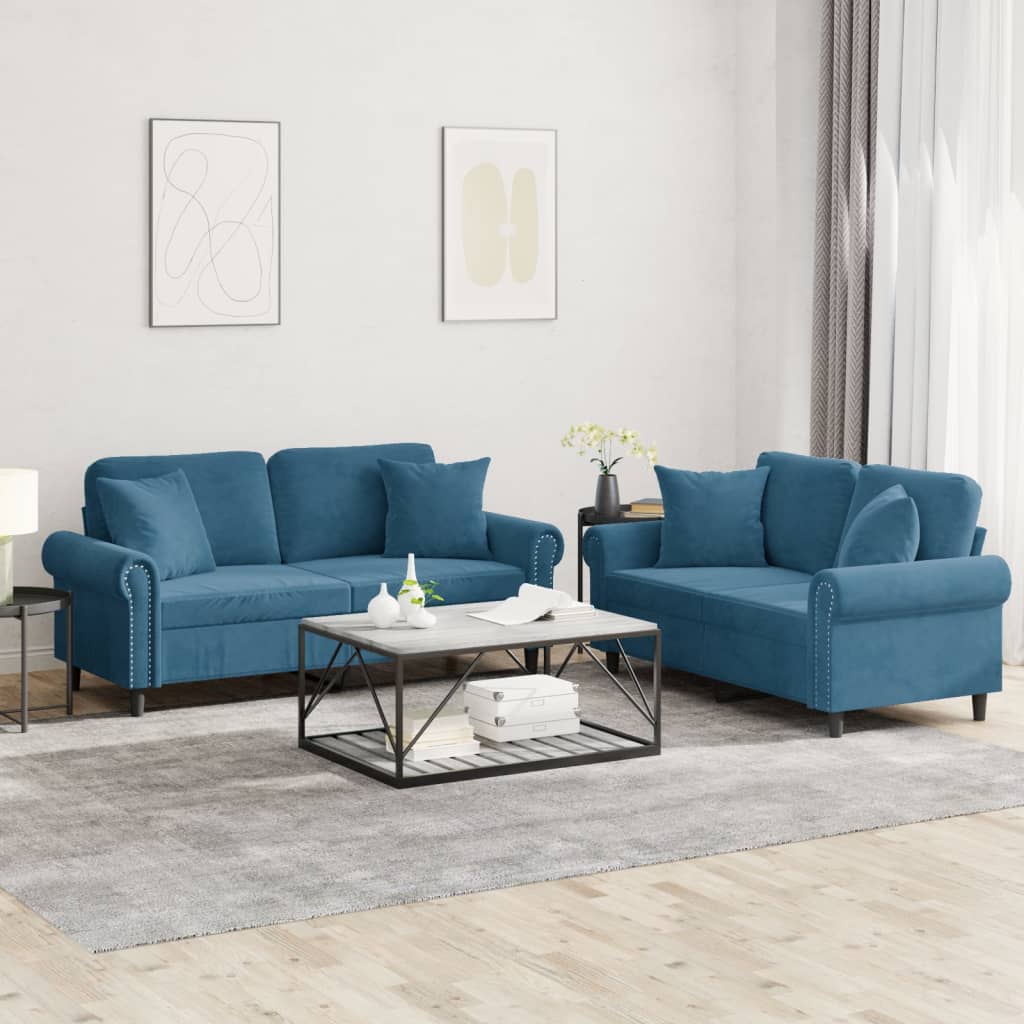 Set Di Divani 2 Pz Con Cuscini Blu In Velluto
