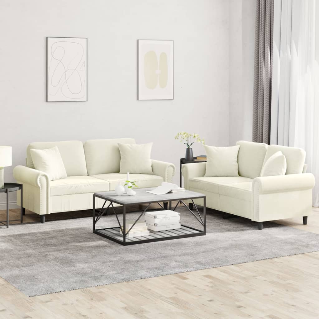 Set Di Divani 2 Pz Con Cuscini Crema In Velluto