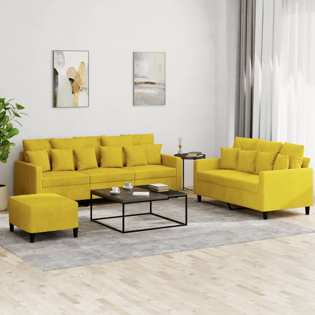 Set Di Divani 3 Pz Con Cuscini Giallo In Velluto