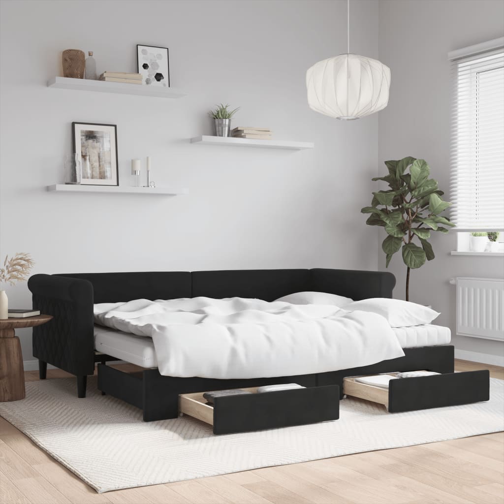 Divano Letto Estraibile Con Cassetti Nero 80x200 Cm In Velluto