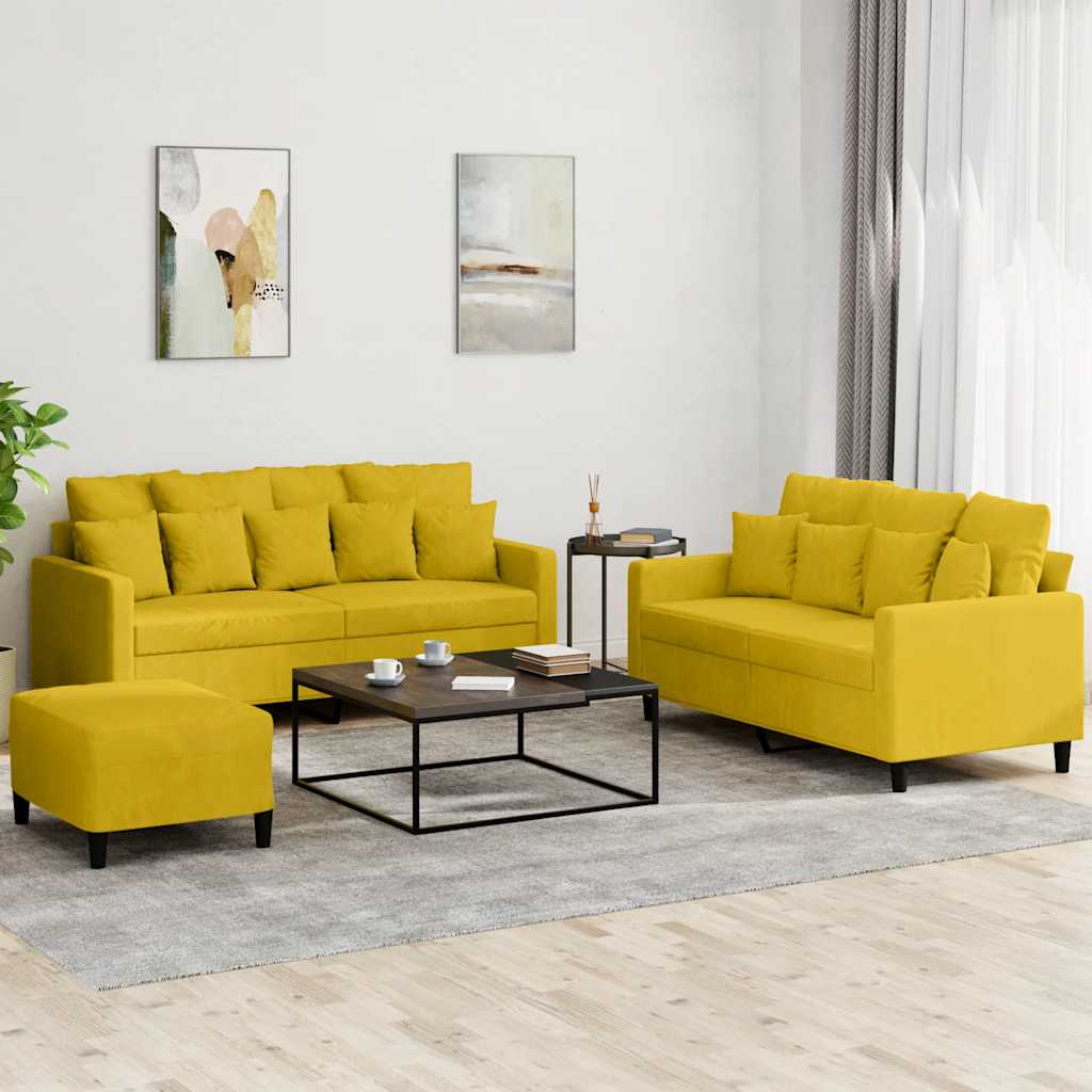 Set Di Divani 3 Pz Con Cuscini Giallo In Velluto