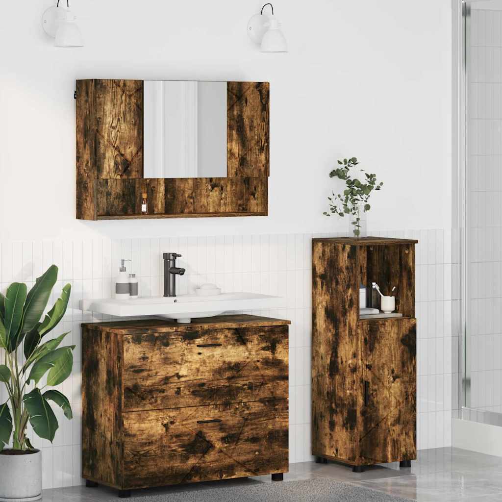Set Di Mobili Per Il Bagno Con Cassetto 3 Pcs Rovere Fumé