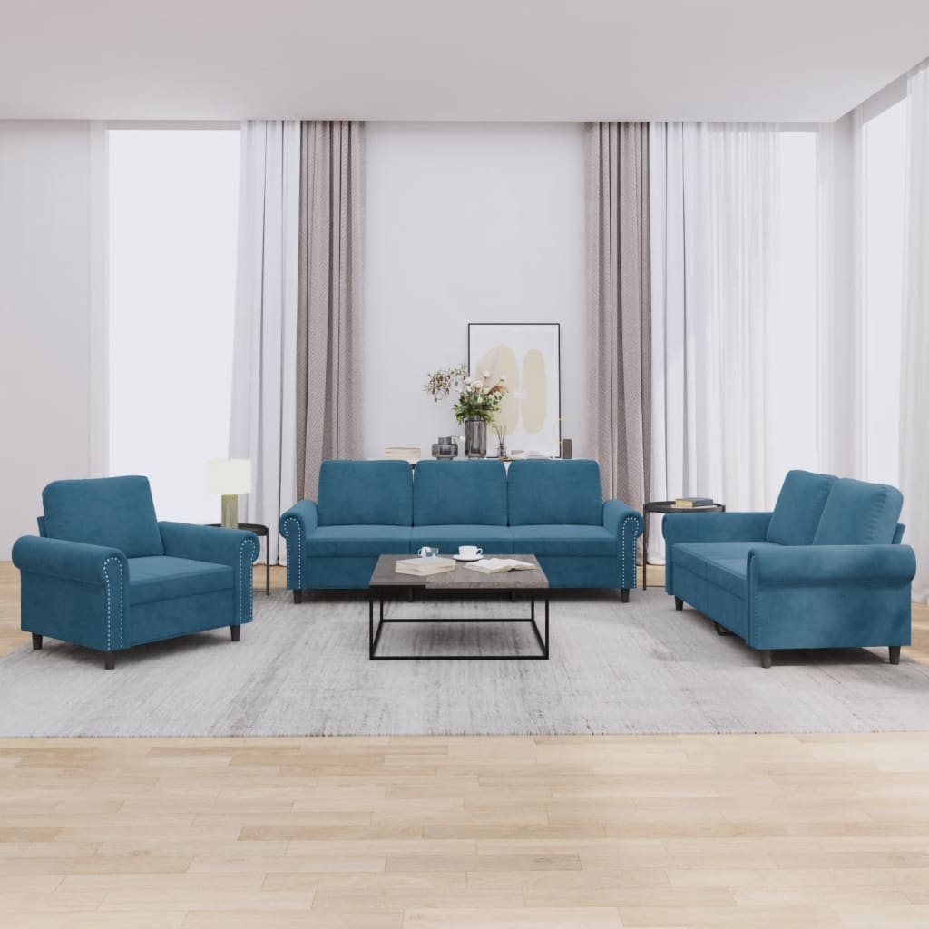 Set Di Divani 3 Pz Con Cuscini Blu In Velluto