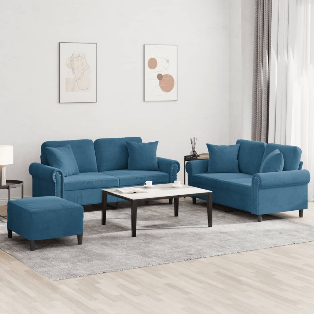 Set Di Divani 3 Pz Con Cuscini Blu In Velluto
