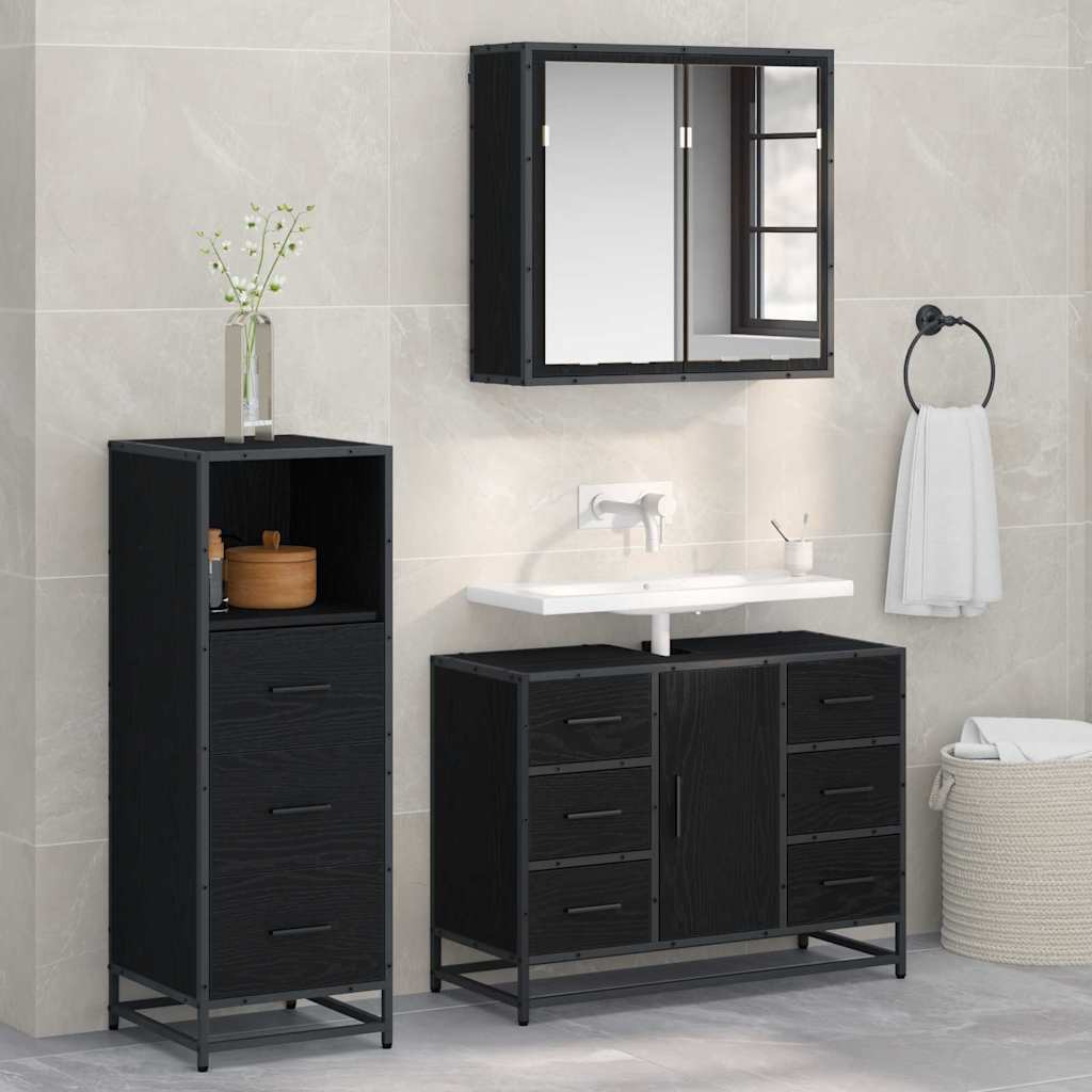 Set Di Mobili Per Il Bagno 3 Pcs Rovere Nero Legno Multistrato