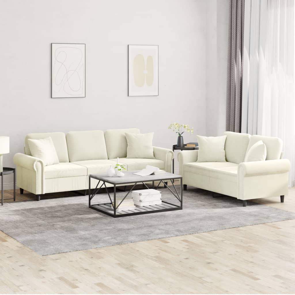 Set Di Divani 2 Pz Con Cuscini Crema In Velluto