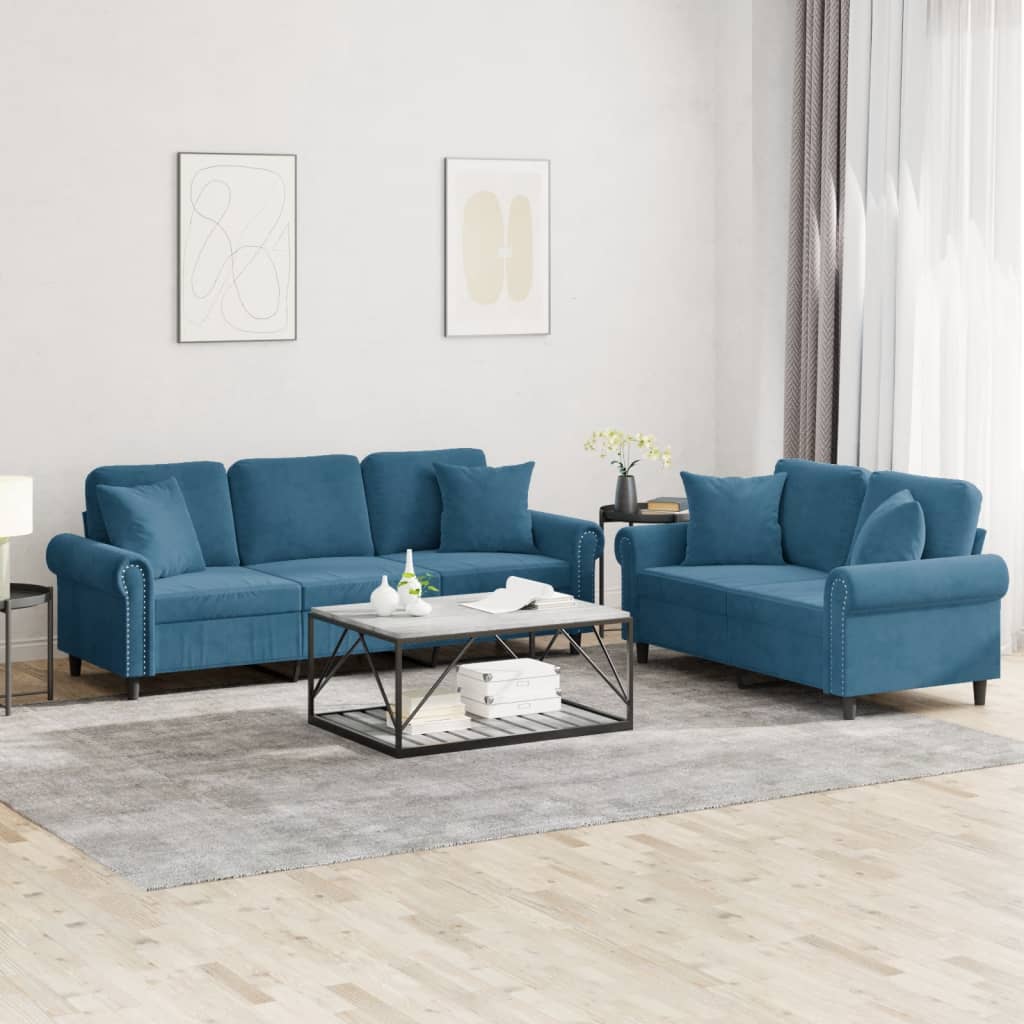 Set Di Divani 2 Pz Con Cuscini Blu In Velluto