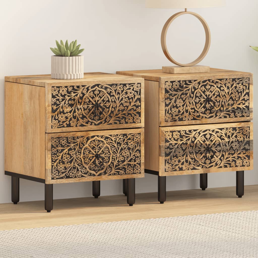 Comodini 2pz 40x33x46 Cm In Legno Massello Di Mango