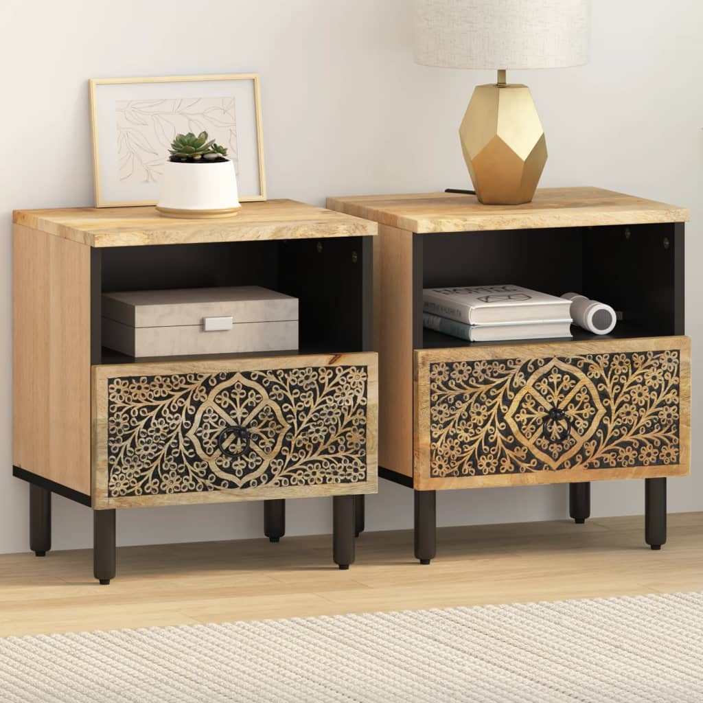 Comodini 2pz 40x33x46 Cm In Legno Massello Di Mango
