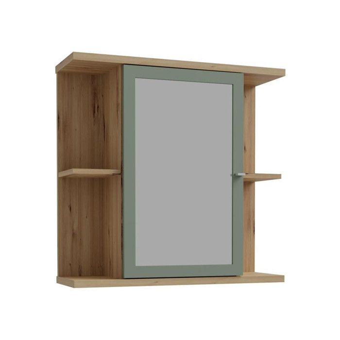 Mobiletto Sospeso - Rovere Artisan / Verde Salvia - 1 Anta Con Specchio - Mobile Da Bagno - 69,9 X 23,2 X 68,8 cm