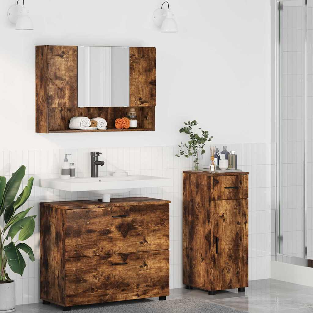 Set Di Mobili Per Il Bagno Con Cassetto 3 Pcs Rovere Fumé