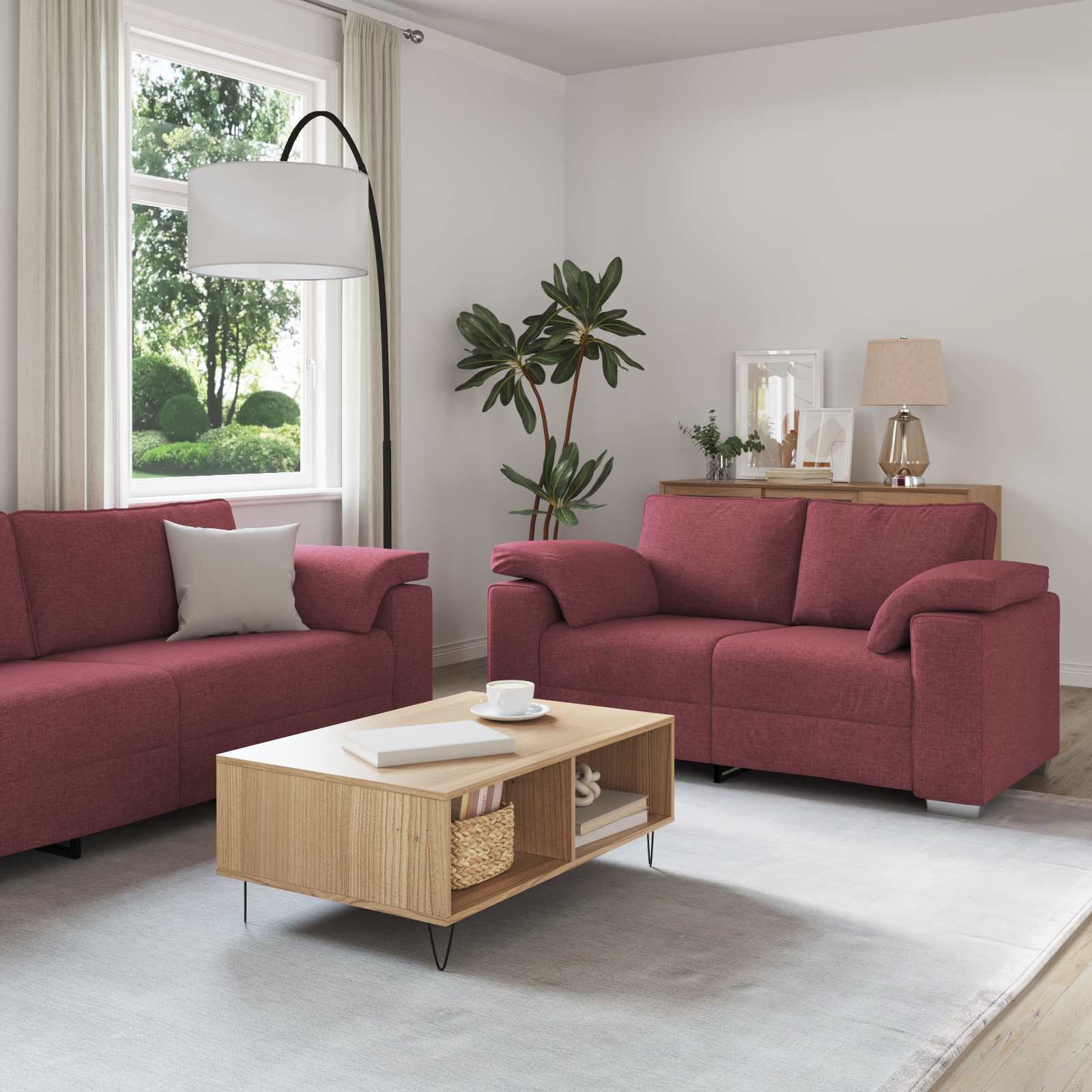 Set Di Divani 2 Pcs Rosso Vino 219 X 77 X 82 Cm Tessuto