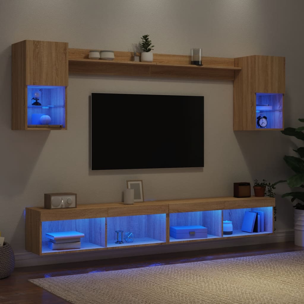 vidaXL Muebles TV pared con LED 6 pzas madera ingeniería roble Sonoma