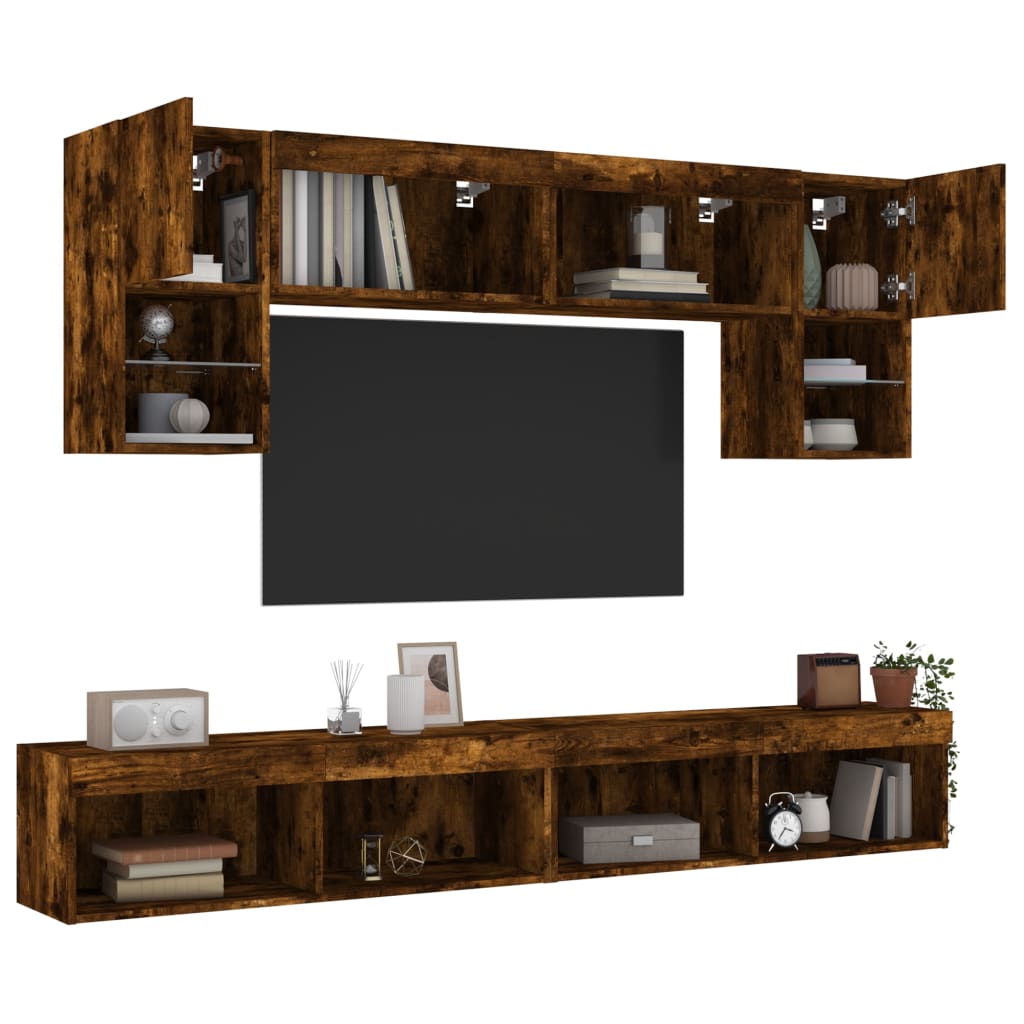 vidaXL Muebles TV pared con LED 6 pzas madera ingeniería roble ahumado - Image 5