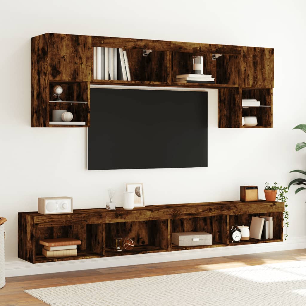 vidaXL Muebles TV pared con LED 6 pzas madera ingeniería roble ahumado - Image 4