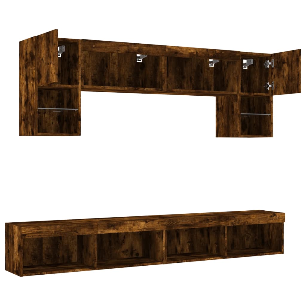 vidaXL Muebles TV pared con LED 6 pzas madera ingeniería roble ahumado - Image 6