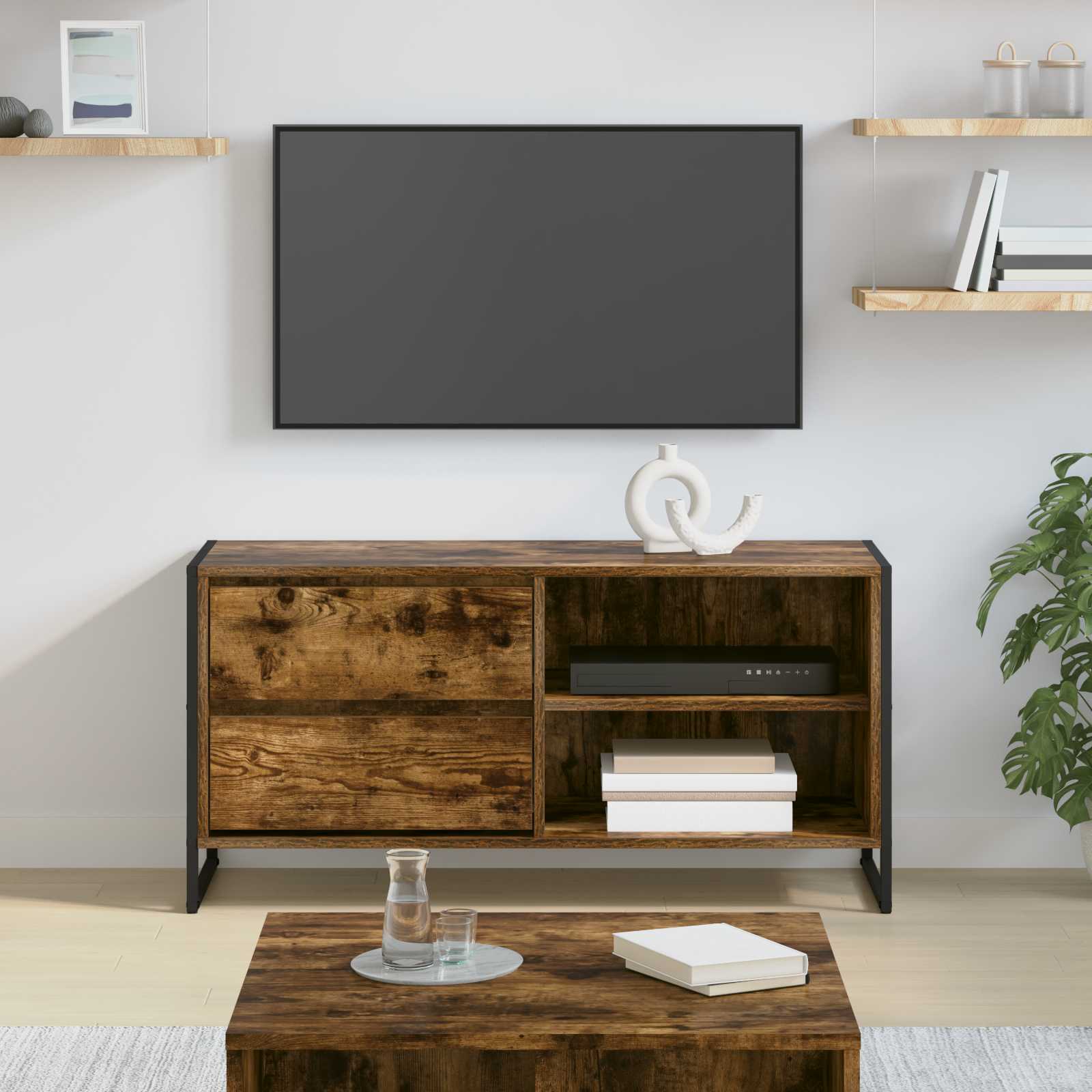 vidaXL Gabinete de TV con cajón Roble Humo 100 x 36 x 49,5 cm