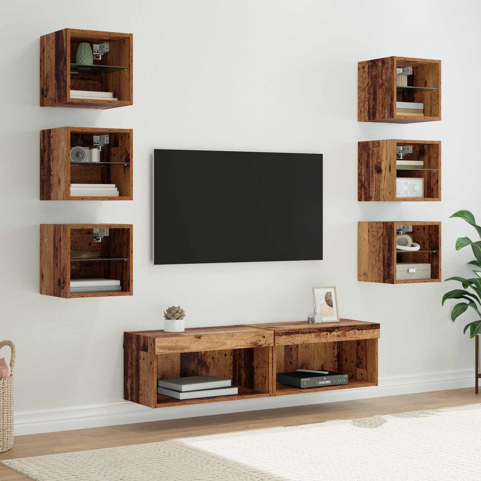 vidaXL Meuble TV avec des lumières à LED 8 pcs Bois Ancien Verre