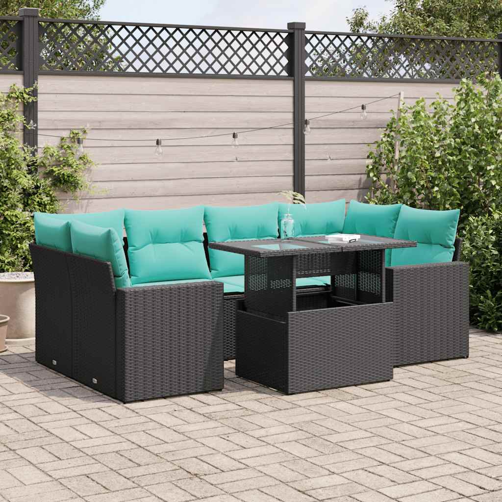 vidaXL Salon de jardin avec coussins 7 pcs noir résine tressée acacia