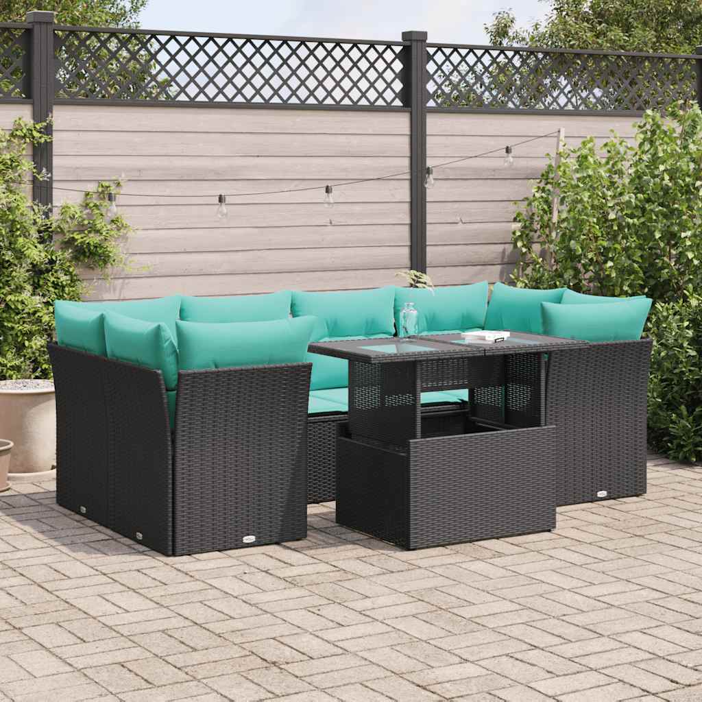 vidaXL Salon de jardin avec coussins 7 pcs noir résine tressée acacia