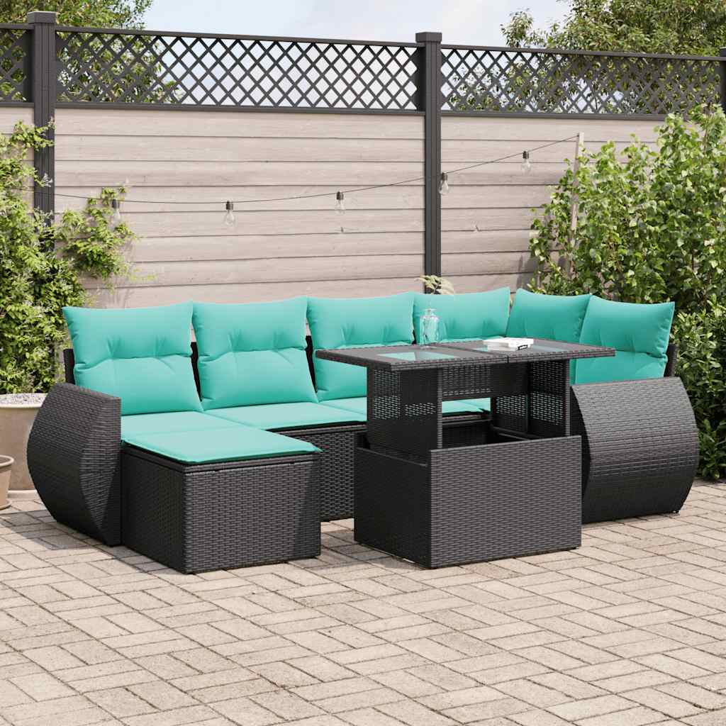 vidaXL Salon de jardin avec coussins 7 pcs noir résine tressée acacia