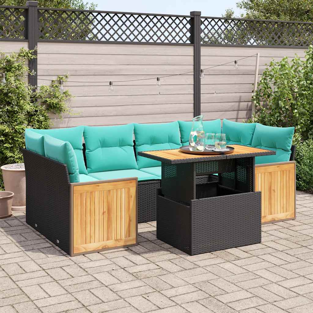 vidaXL Salon de jardin avec coussins 7 pcs noir résine tressée acacia