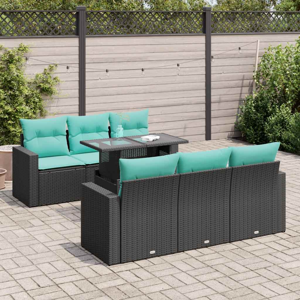 vidaXL Salon de jardin avec coussins 7 pcs noir résine tressée acacia