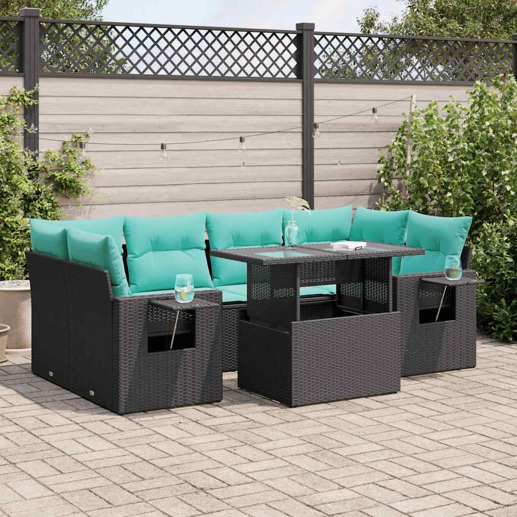 vidaXL Salon de jardin avec coussins 7pcs noir résine tressée acacia