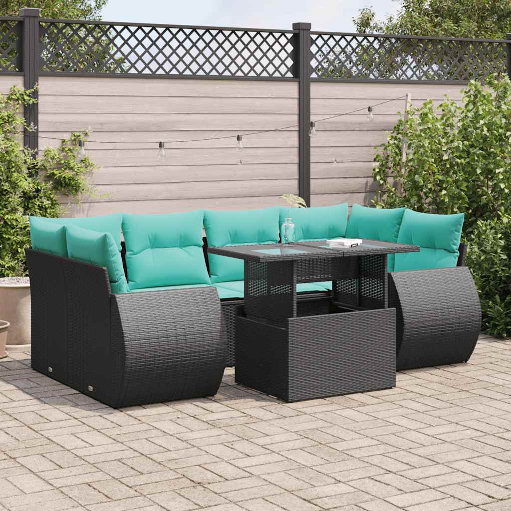vidaXL Salon de jardin avec coussins 7 pcs noir résine tressée acacia