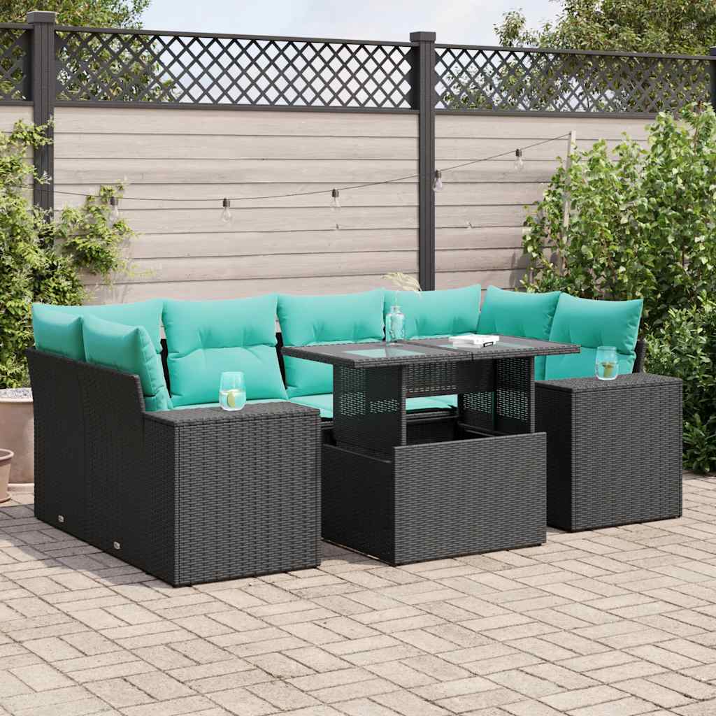 vidaXL Salon de jardin avec coussins 7 pcs noir résine tressée acacia