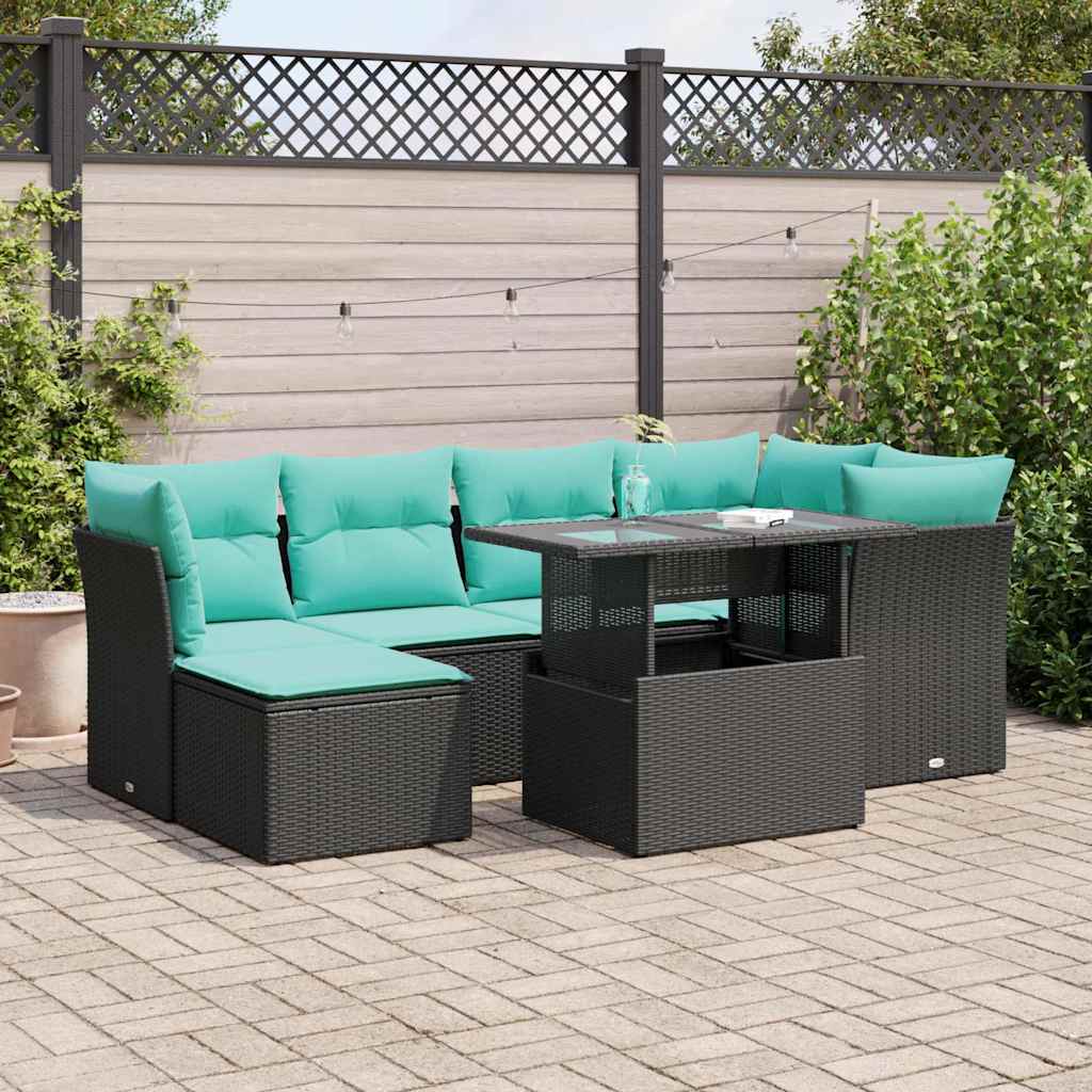 vidaXL Salon de jardin avec coussins 7 pcs noir résine tressée acacia