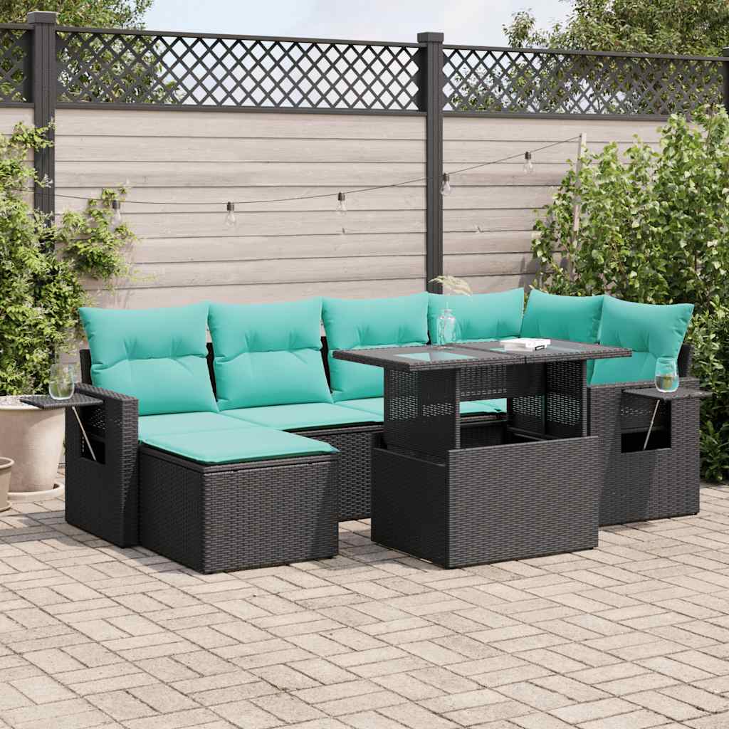 vidaXL Salon de jardin avec coussins 7 pcs noir résine tressée acacia