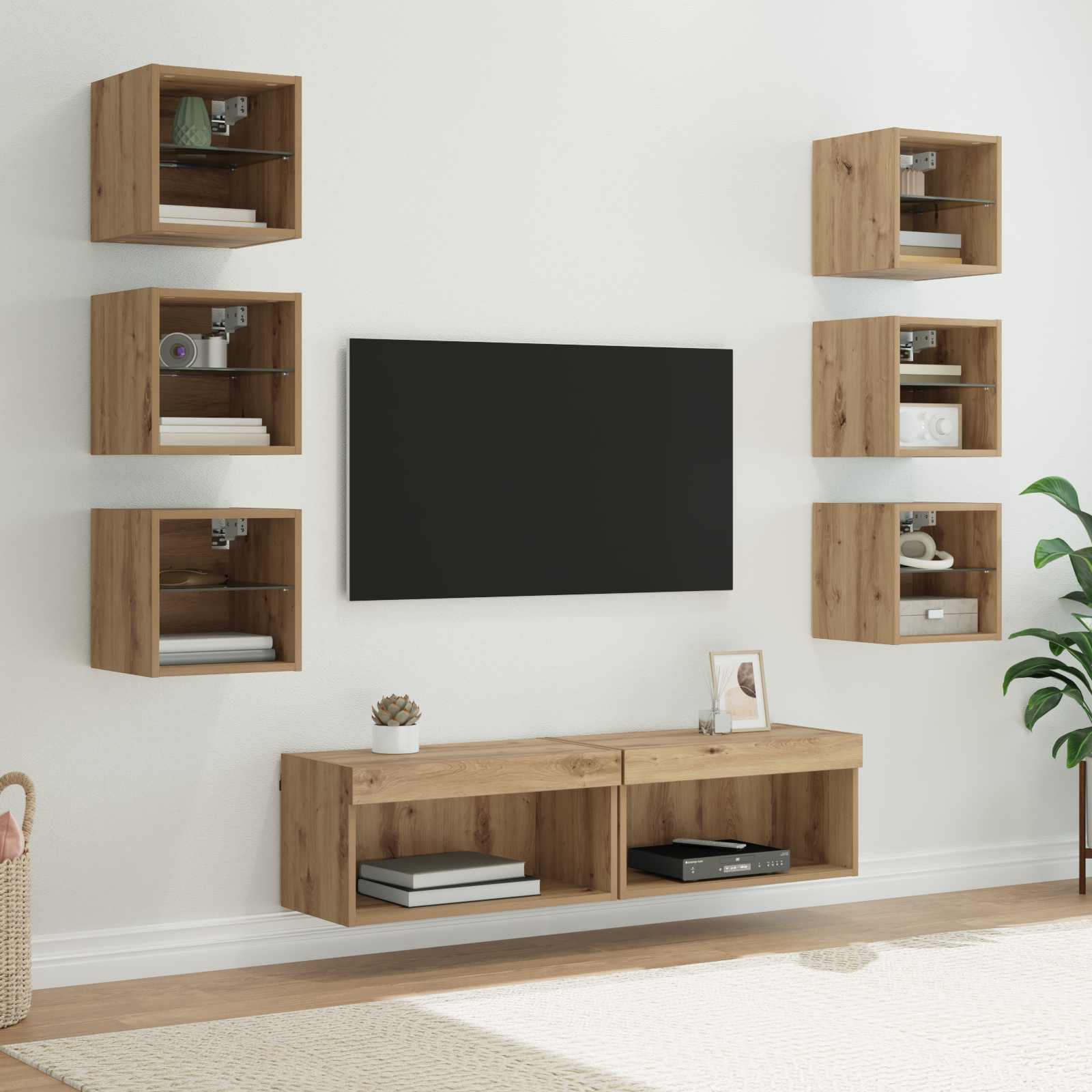 vidaXL Mueble de TV con cajón 8 pcs Roble artesanal Cristal