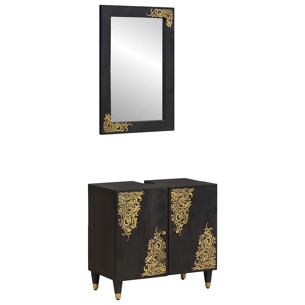 vidaXL Badezimmerschrank-Set mit Tür 2 pcs Schwarz Massivholz Mango