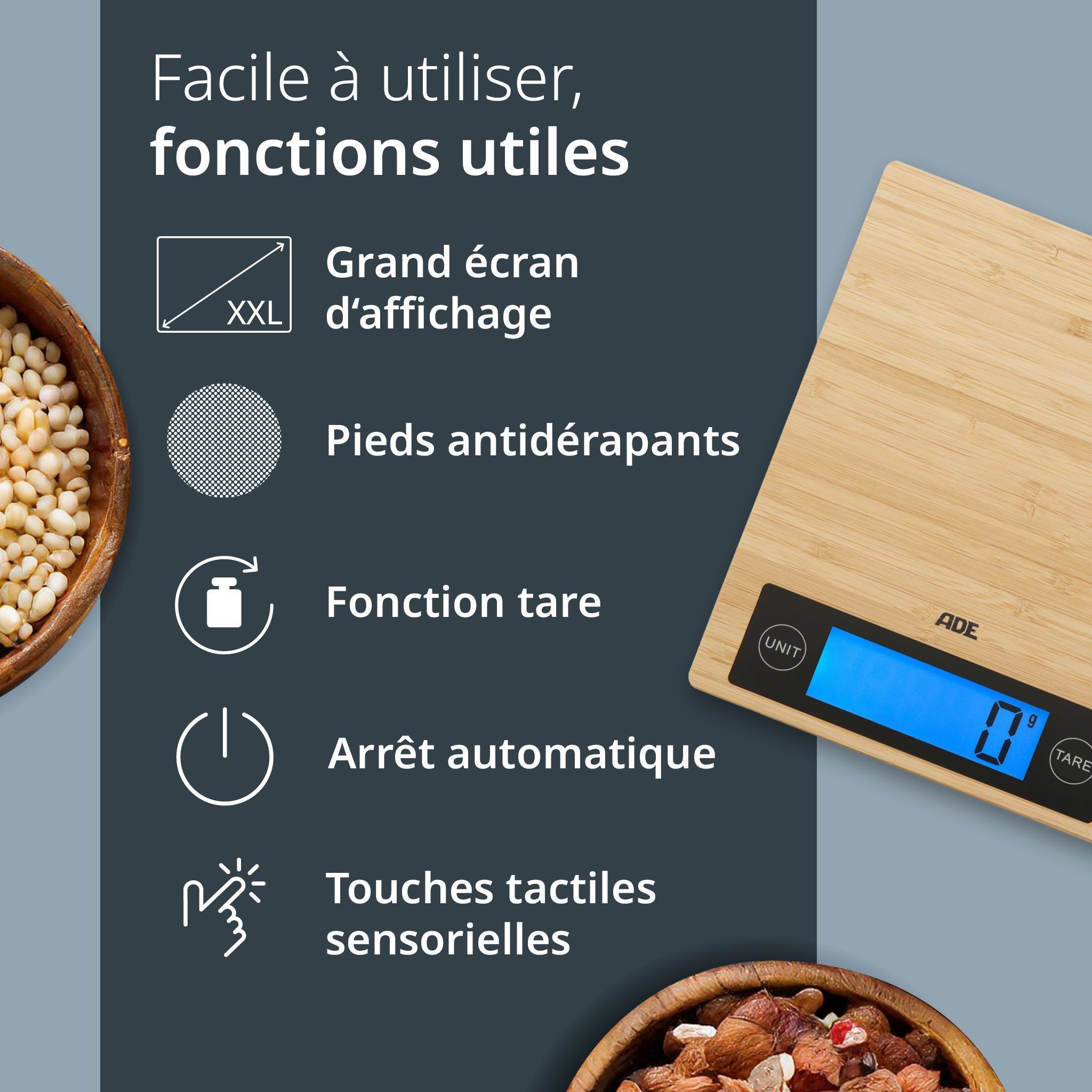 Bilancia Da Cucina Digitale - Ade - Ramona - Bambù - 23 X 18 X 2 Cm - Include 2 Batterie Cr2032 - Image 3