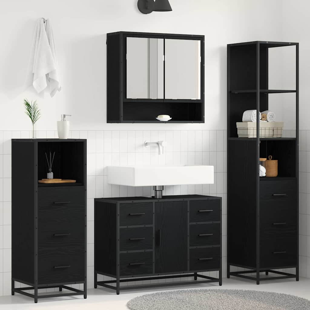 Set Di Mobili Per Il Bagno 3 Pcs Rovere Nero Legno Multistrato
