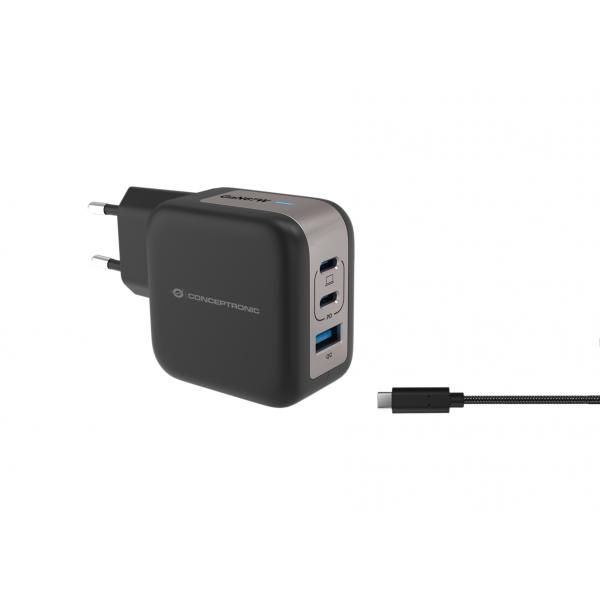 Caricabatterie Usb Pd Gan Conceptronic A 3 Porte Da 67 W Con Cavo Di Ricarica UsB-C, UsB-C X 2, UsB-A X 1, Qc 3.0, Pps, Interno, Ca, 20 V, 1,5 M, Nero