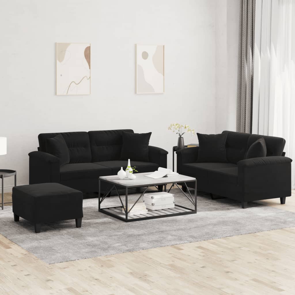 Set Divani 3 Pz Con Cuscini Nero In Tessuto Microfibra