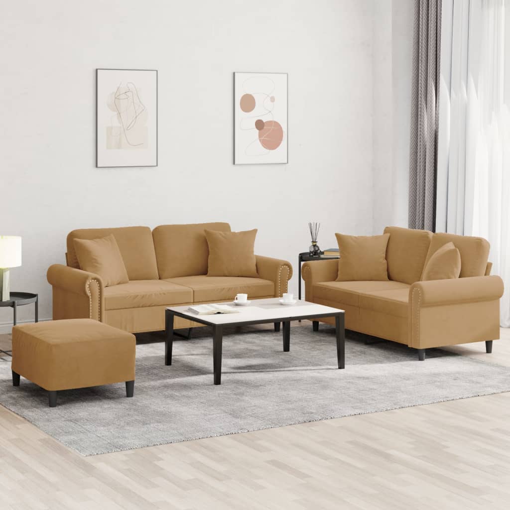 Set Di Divani 3 Pz Con Cuscini Marrone In Velluto
