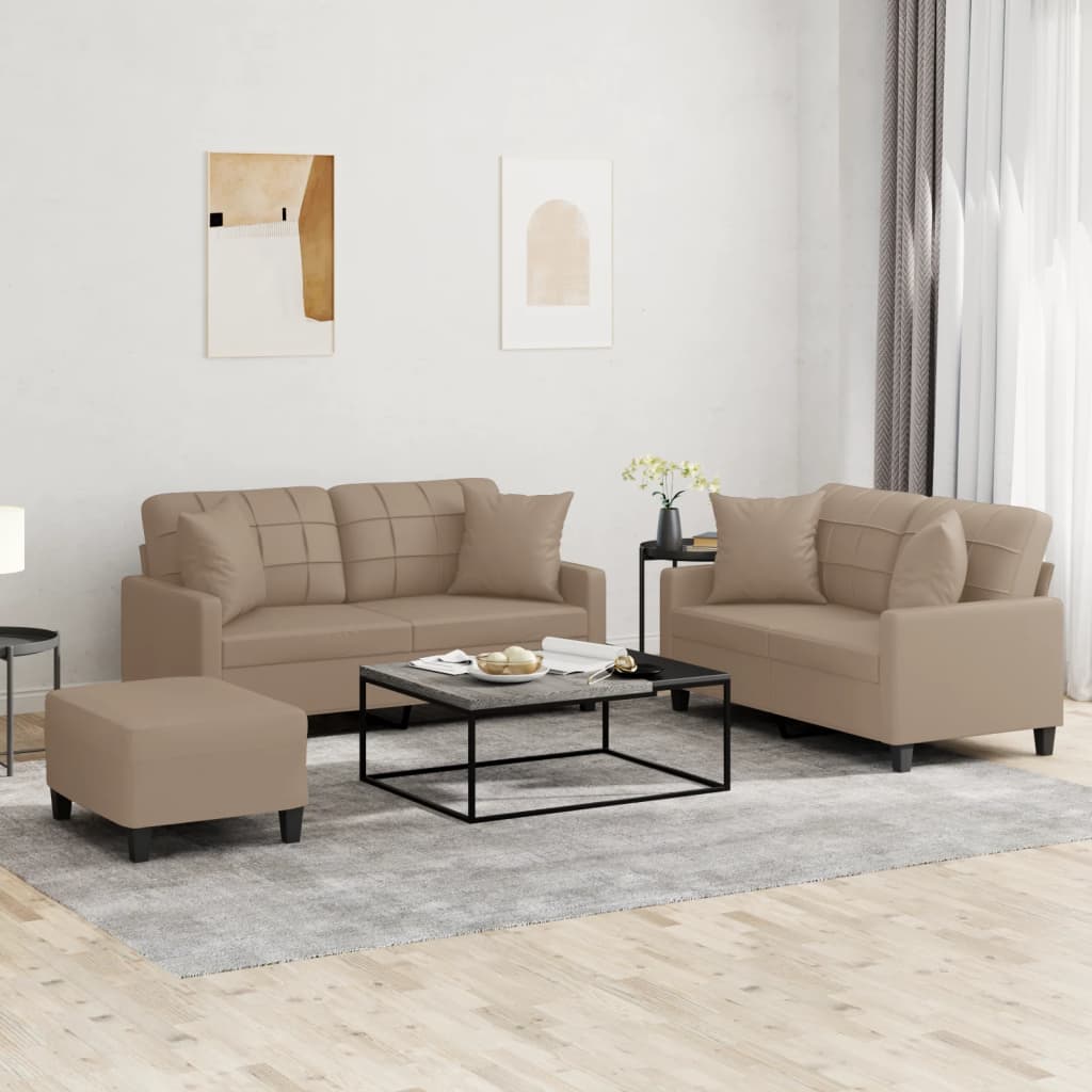 Set Di Divani 3 Pz Con Cuscini Cappuccino In Similpelle