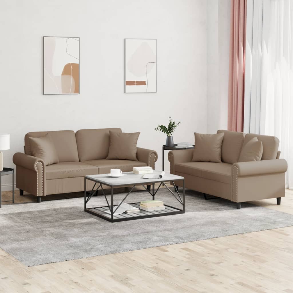 Set Di Divani 2 Pz Con Cuscini Cappuccino In Similpelle