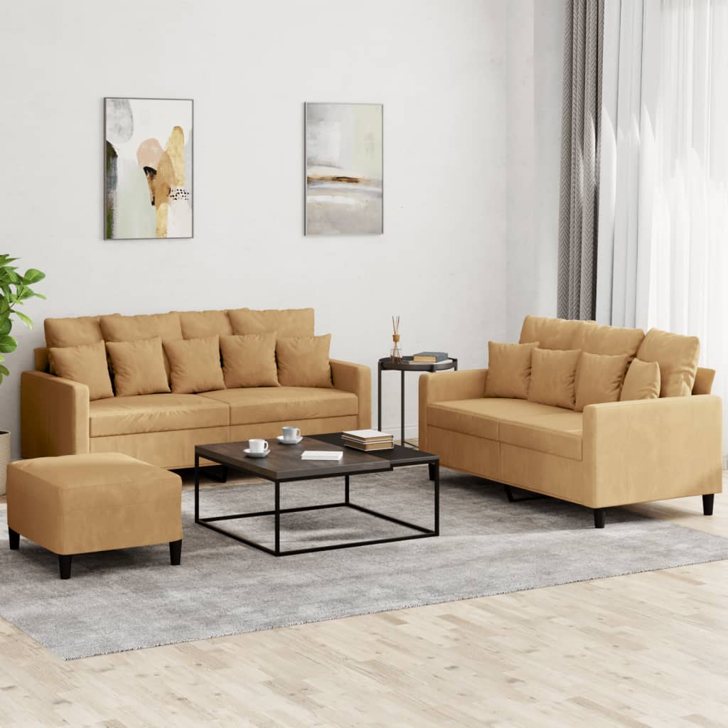 Set Di Divani 3 Pz Con Cuscini Marrone In Velluto