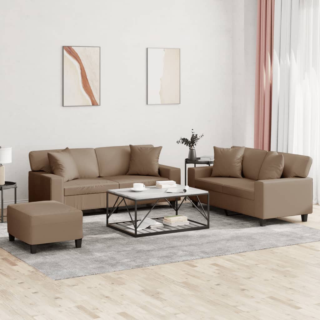 Set Di Divani 3 Pz Con Cuscini Cappuccino In Similpelle