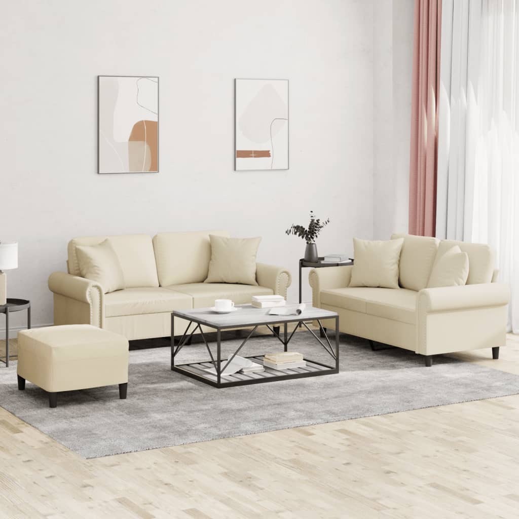 Set Di Divani 3 Pz Con Cuscini Crema In Similpelle