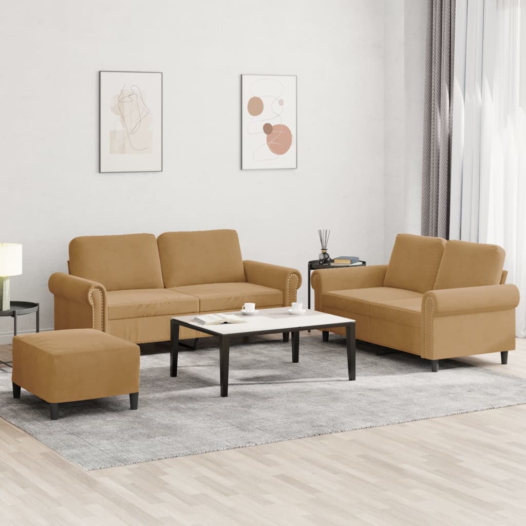 Set Di Divani 3 Pz Con Cuscini Marrone In Velluto